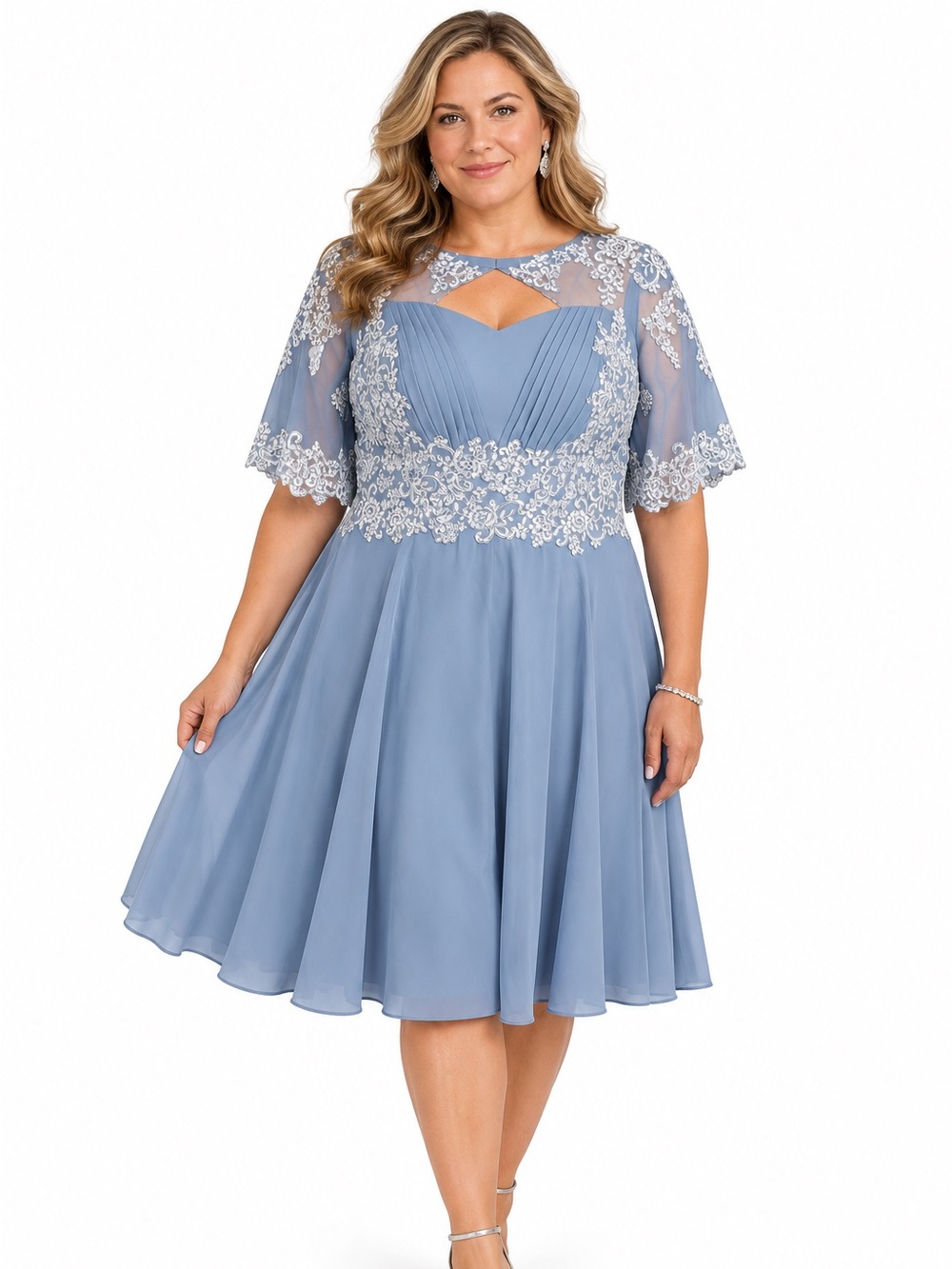 White lace A-line semi-formal dress featured in a soft periwinkle/dusty blue 18